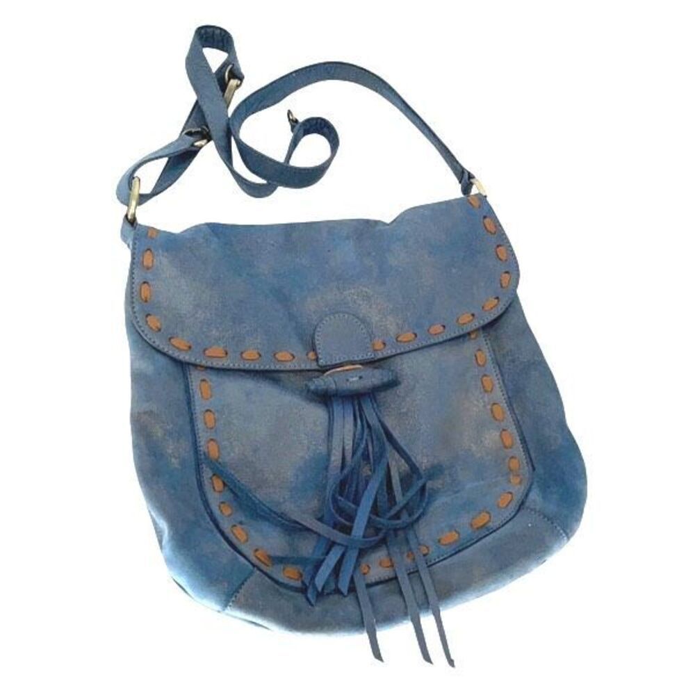 Carla Mancini Womens Flap Fringe Boho Leather Crossbody Bag Blue Medium - Picture 2 of 9